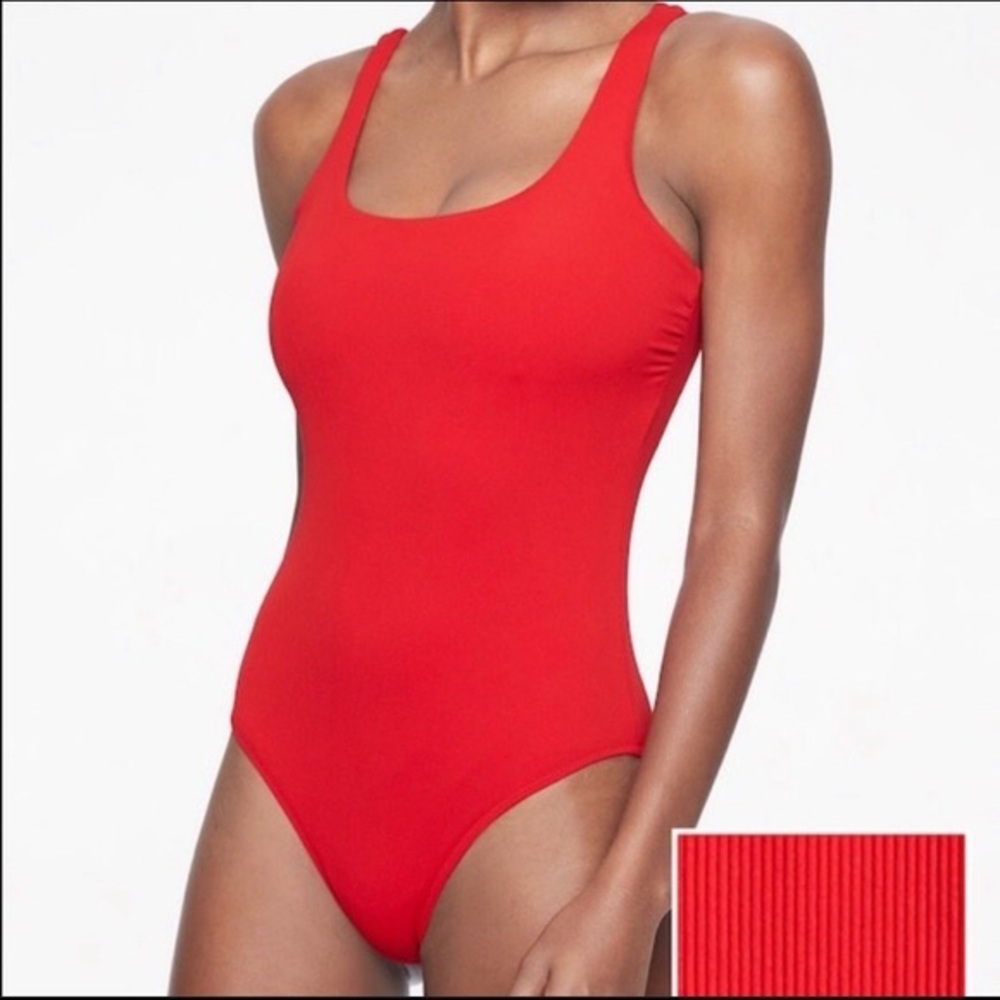 Athleta Red Ribbed One Piece Bathing Suit MTALL